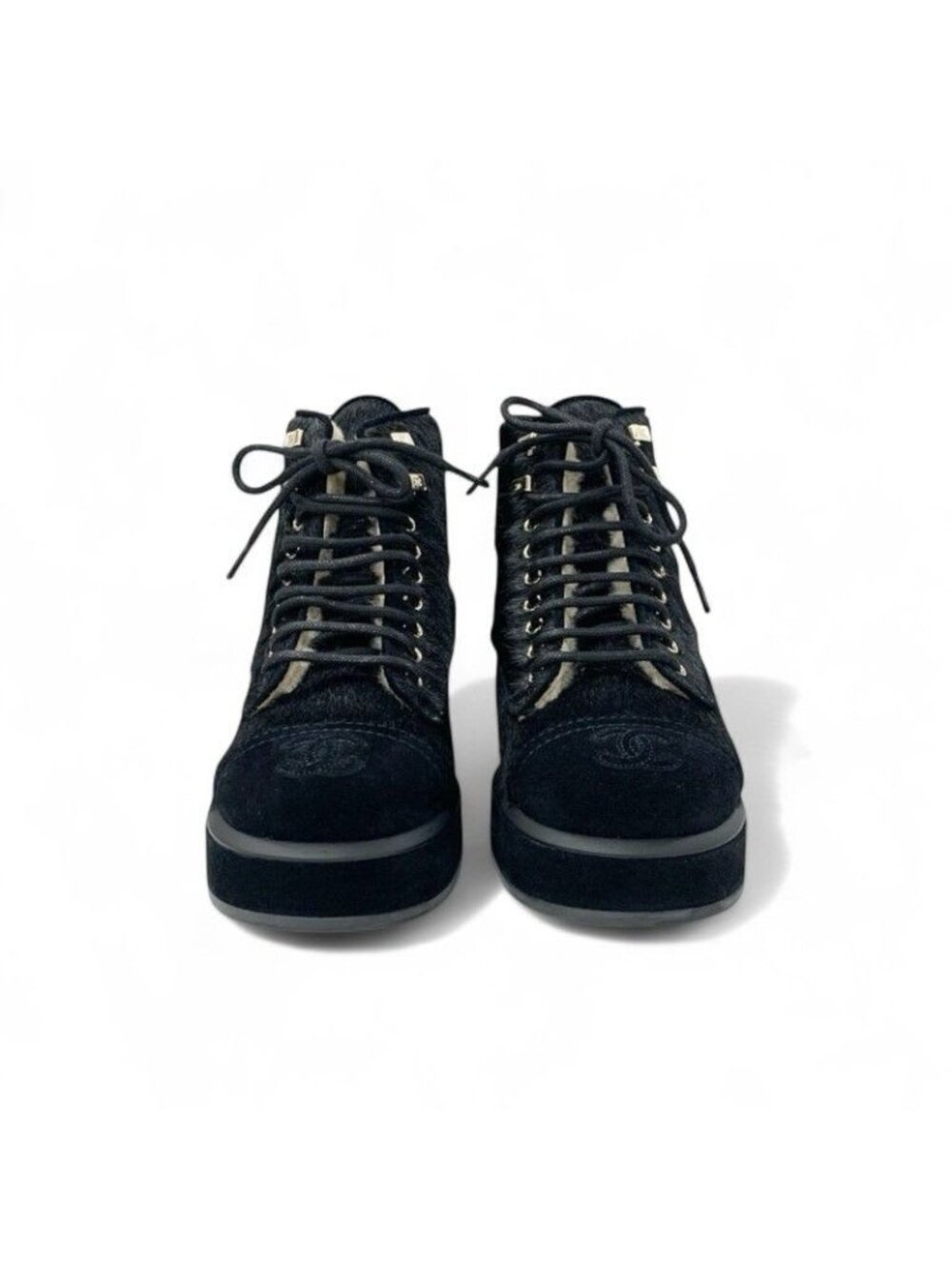 Chanel Boots Short Shoes Haraco Suede Shearling Black Coco Mark Ankle - Picture 2 of 10